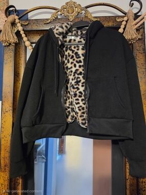 Black Hooded Teddy Jacket with Leopard Faux-Fur Lining